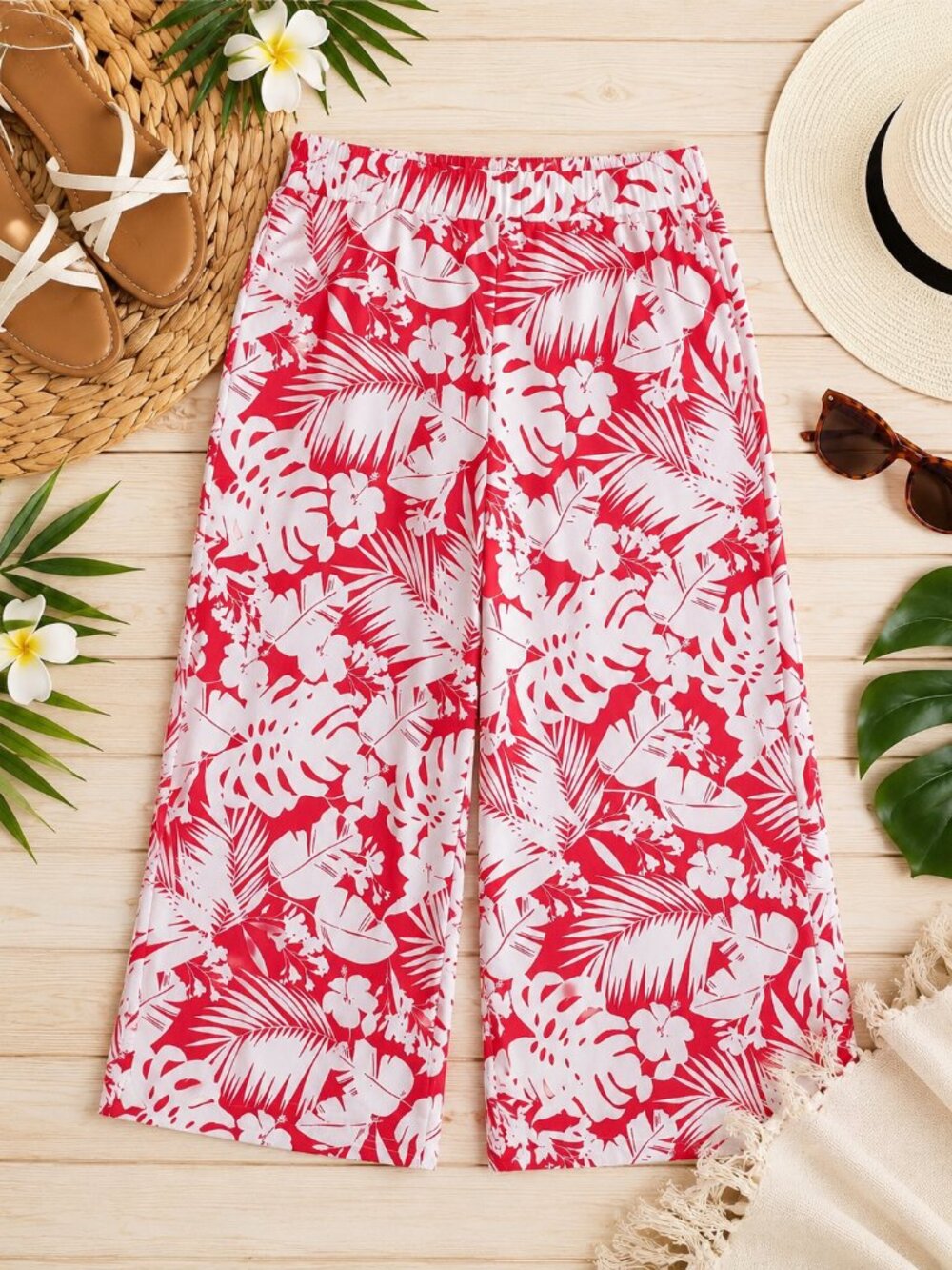 77 Park Coral & White Tropical Print Cropped Pull-On Pants – Women's Large